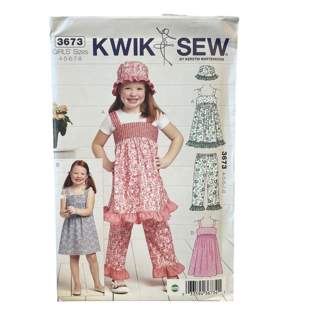 KWIK SEW Sewing Pattern Girls 4-8 Dresses Pants Hat 3673 Ruffle Empire Uncut FF